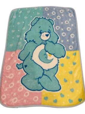 🐻💙VTG Care Bears Bedtime Bear Pink Yellow & Blue Print Plush Baby Throw Blanket